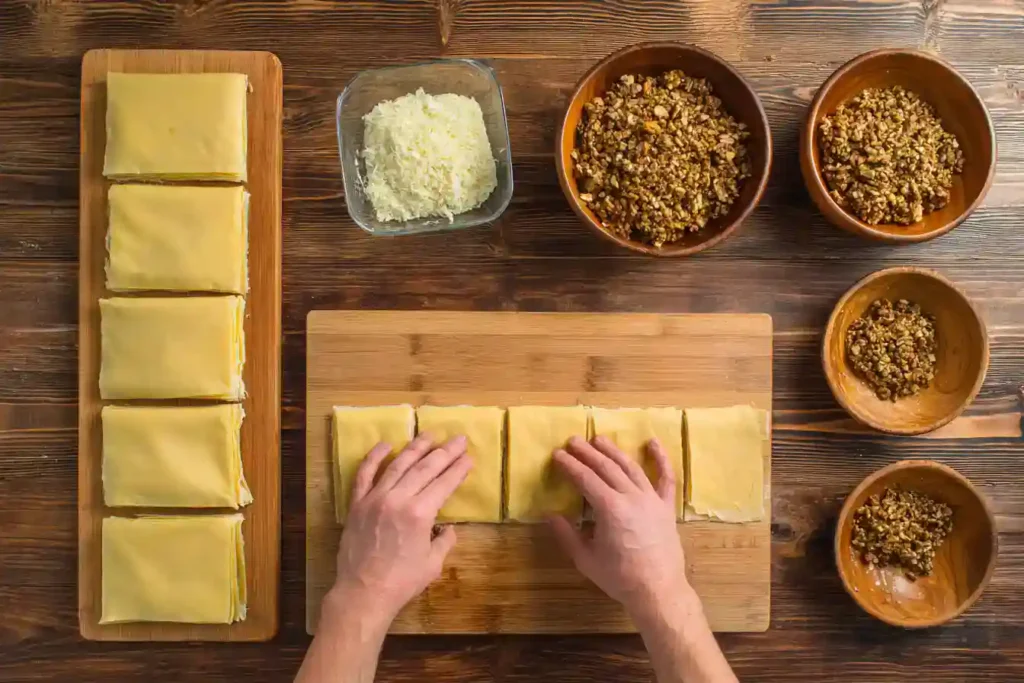 Préparation des couches de baklawa avec pâte filo et noix