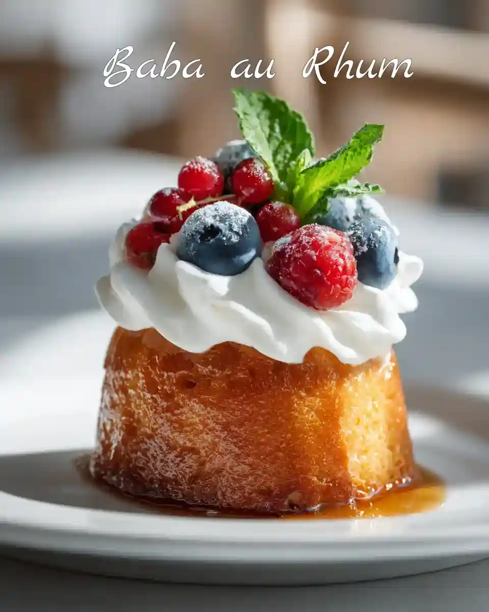 Baba au rhum traditionnel nappé de sirop et garni de chantilly et fruits rouges
