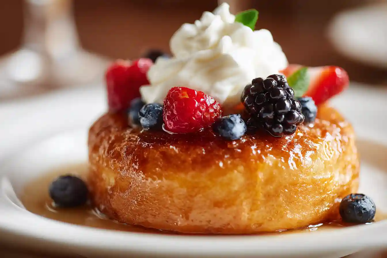 Baba au rhum traditionnel nappé de sirop et garni de chantilly et fruits rouges