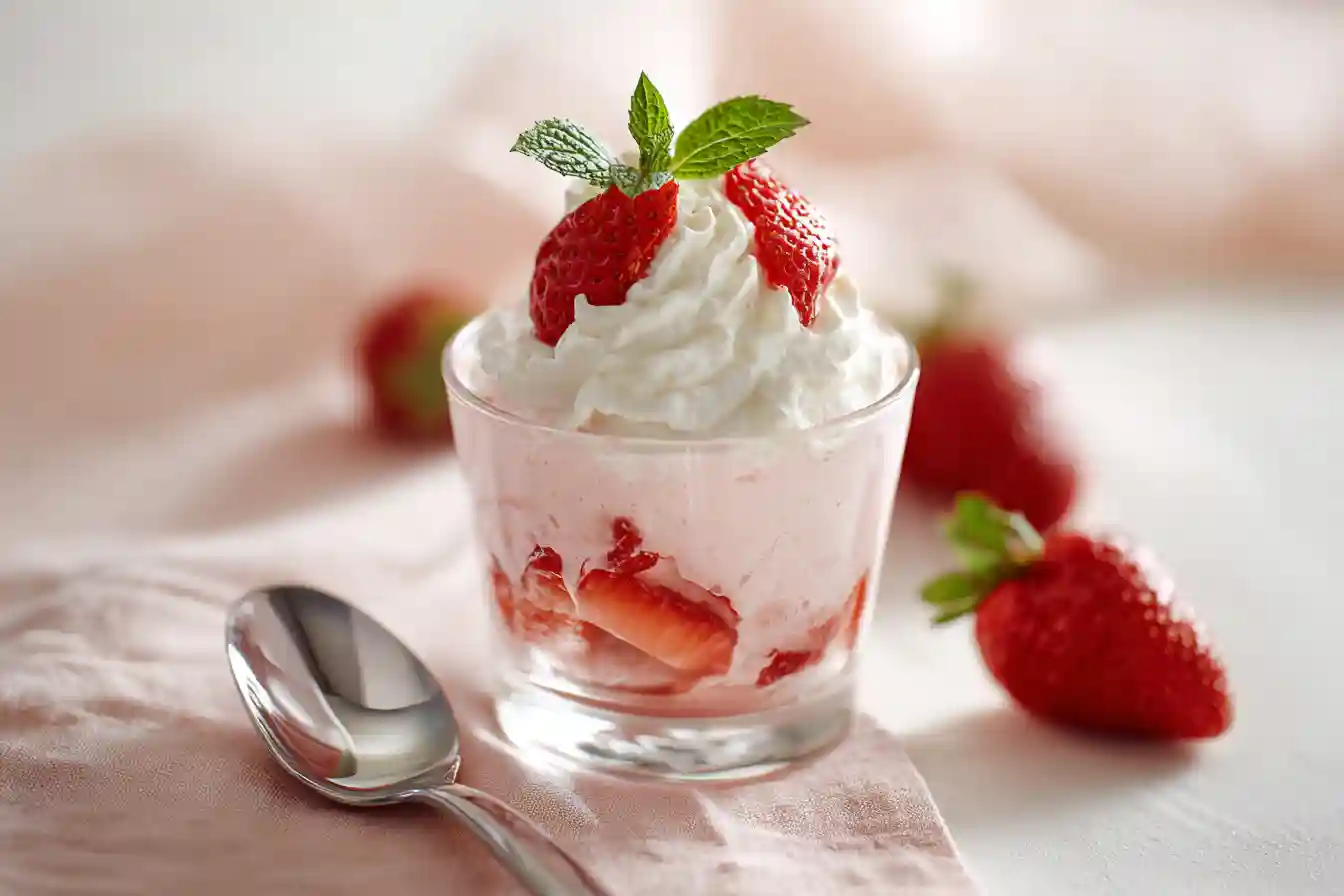 Bavarois à la fraise maison dans une verrine transparente