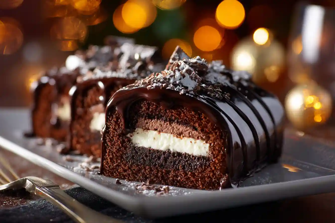 Bûche 3 chocolats sur un plat de fête décoré