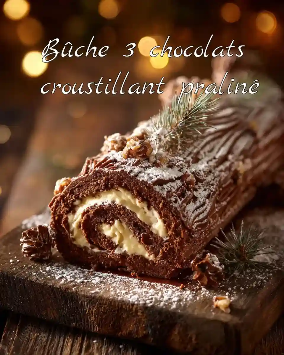 Bûche 3 chocolats croustillant praliné sur fond boisé