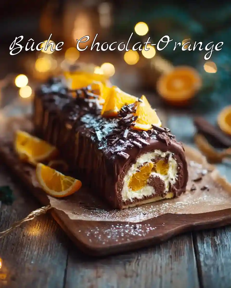 Bûche Chocolat-Orange de Noël décorée avec des tranches d’orange et des copeaux de chocolat