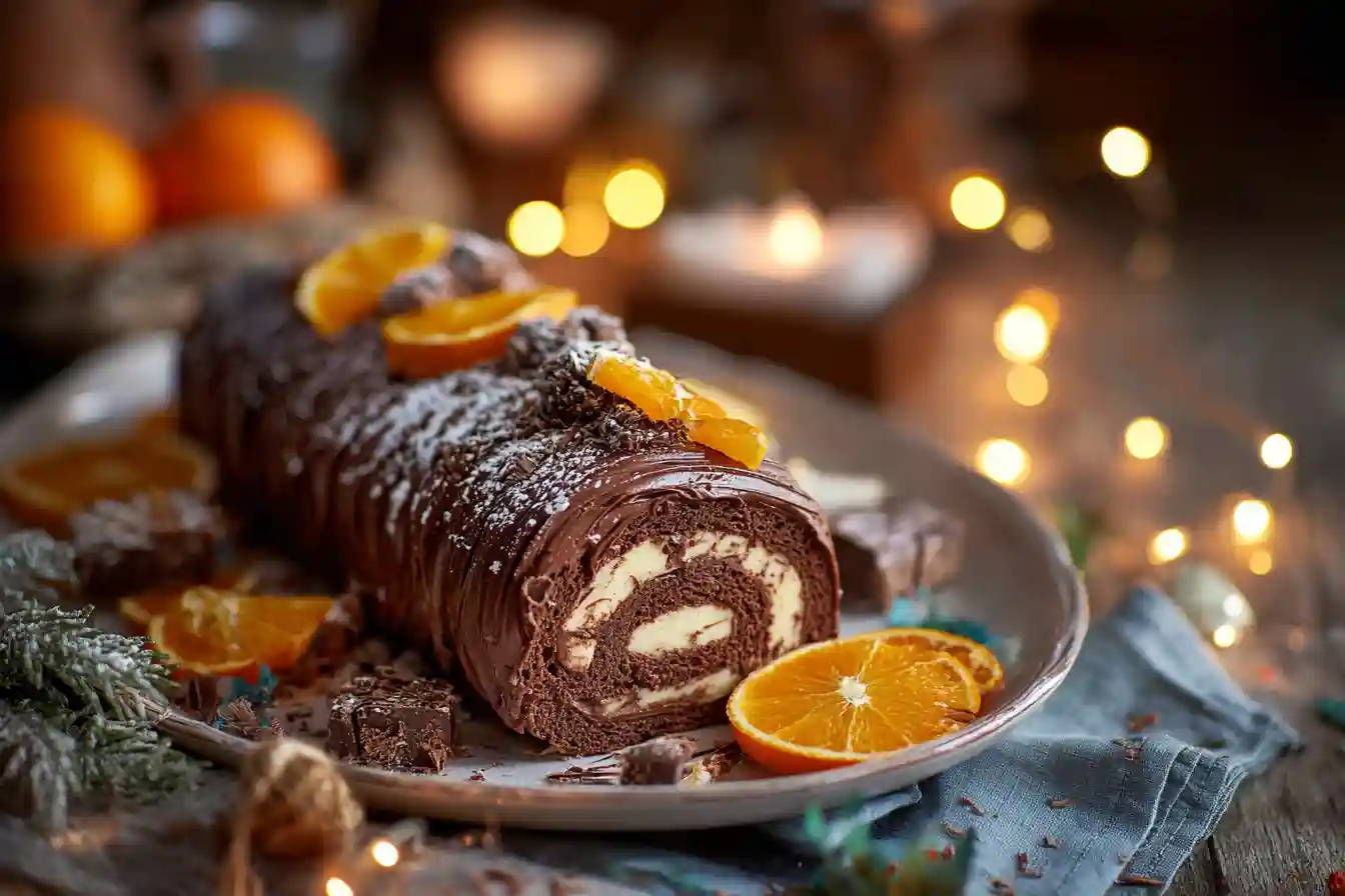 Bûche Chocolat-Orange de Noël décorée avec des tranches d’orange et des copeaux de chocolat