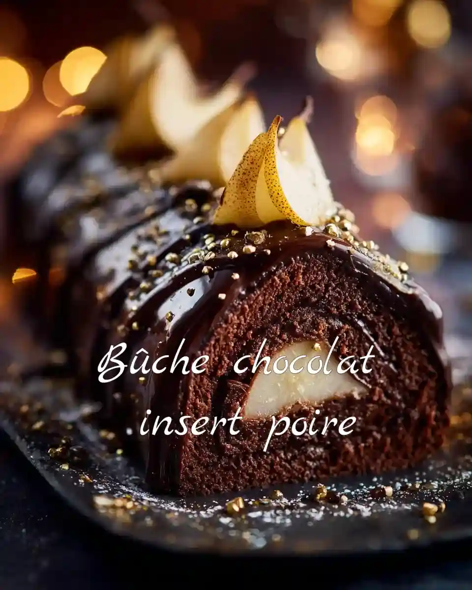 Bûche chocolat insert poire brillante et décorée de tranches de poire