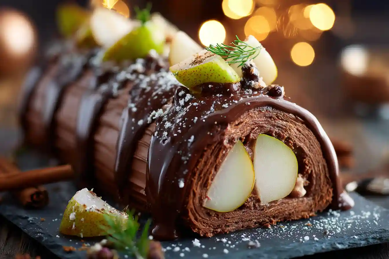 Bûche chocolat insert poire brillante et décorée de tranches de poire