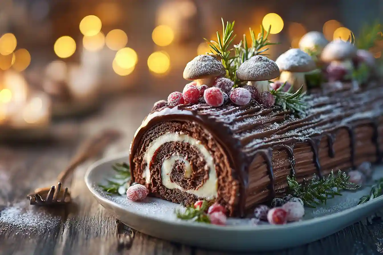 Bûche de Noël au chocolat avec ganache brillante, champignons en meringue et canneberges givrées