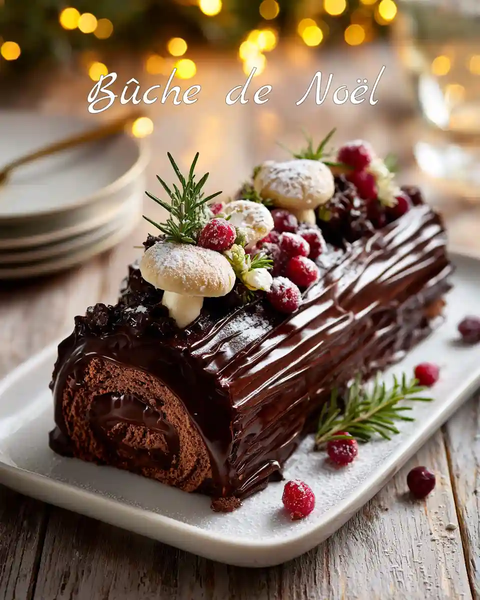 Bûche de Noël au chocolat avec ganache brillante, champignons en meringue et canneberges givrées
