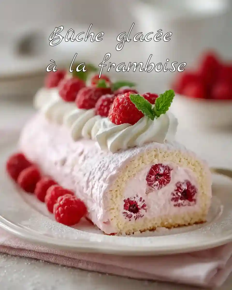 Bûche glacée à la framboise sur assiette blanche avec crème fouettée