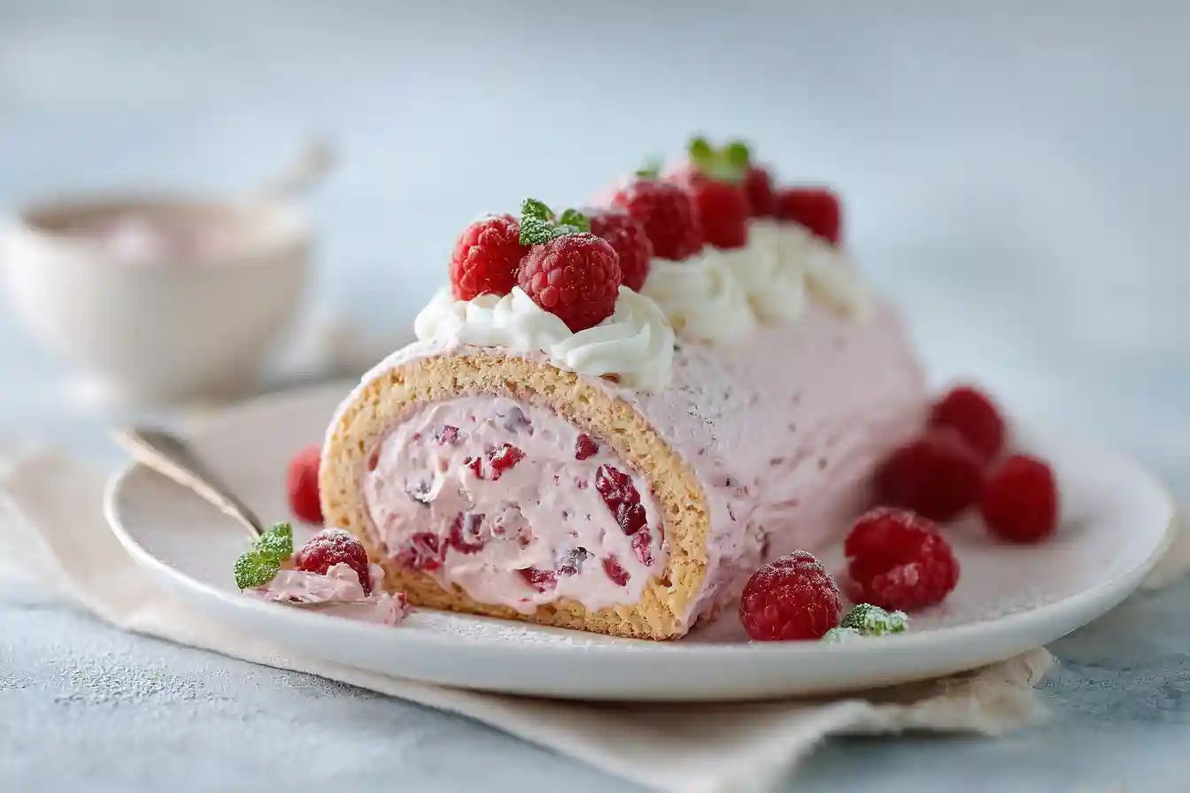 bûche glacée framboise sur assiette blanche avec crème fouettée