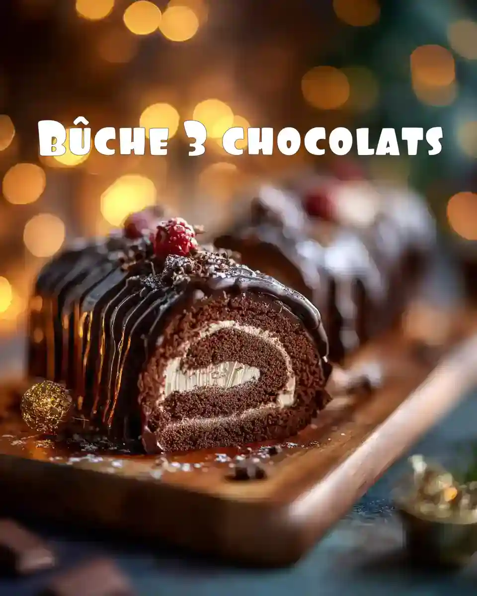 Bûche 3 chocolats roulée, glaçage chocolat, framboise, décor de Noël sur planche en bois