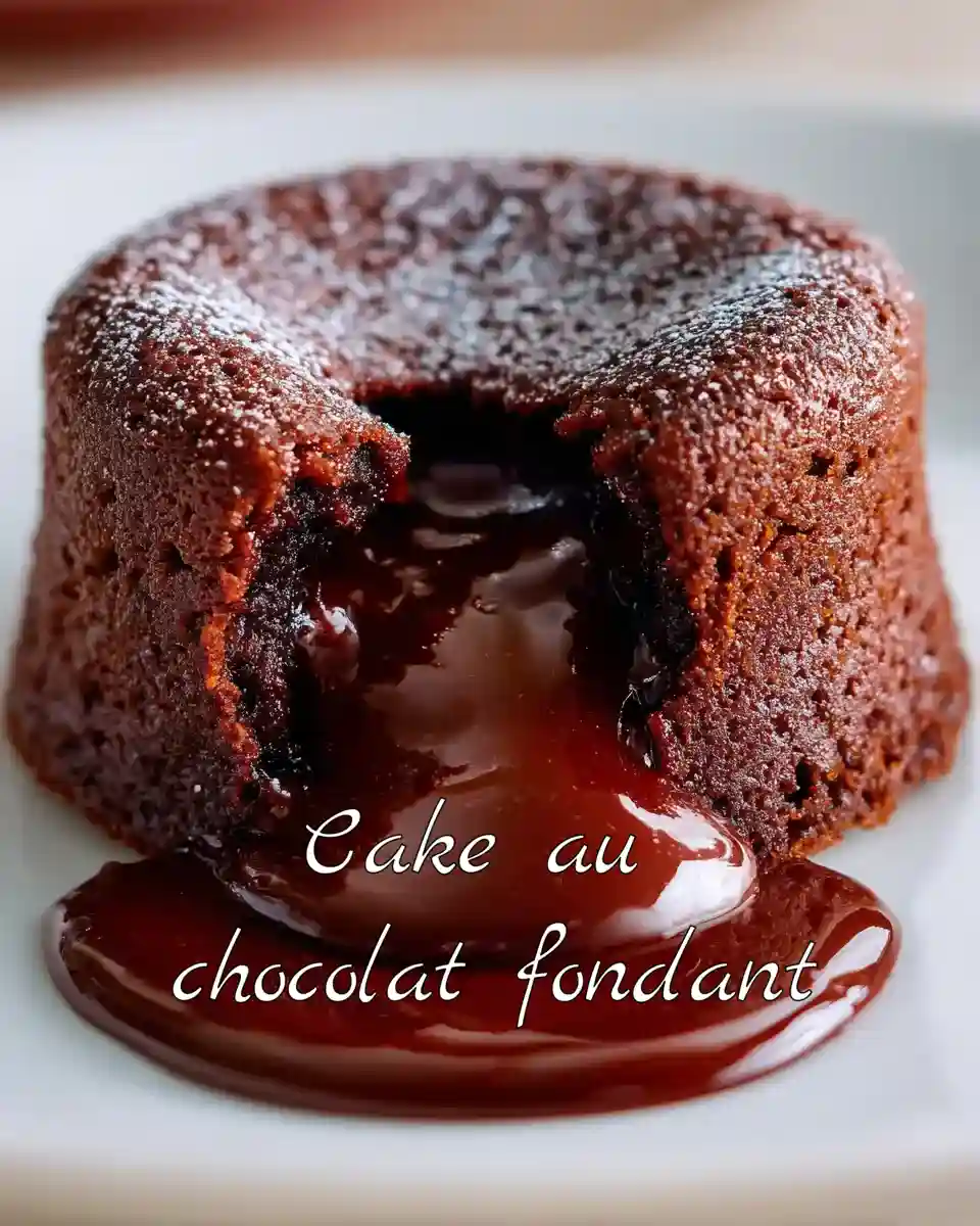 Cake au chocolat fondant au cœur coulant sur assiette blanche