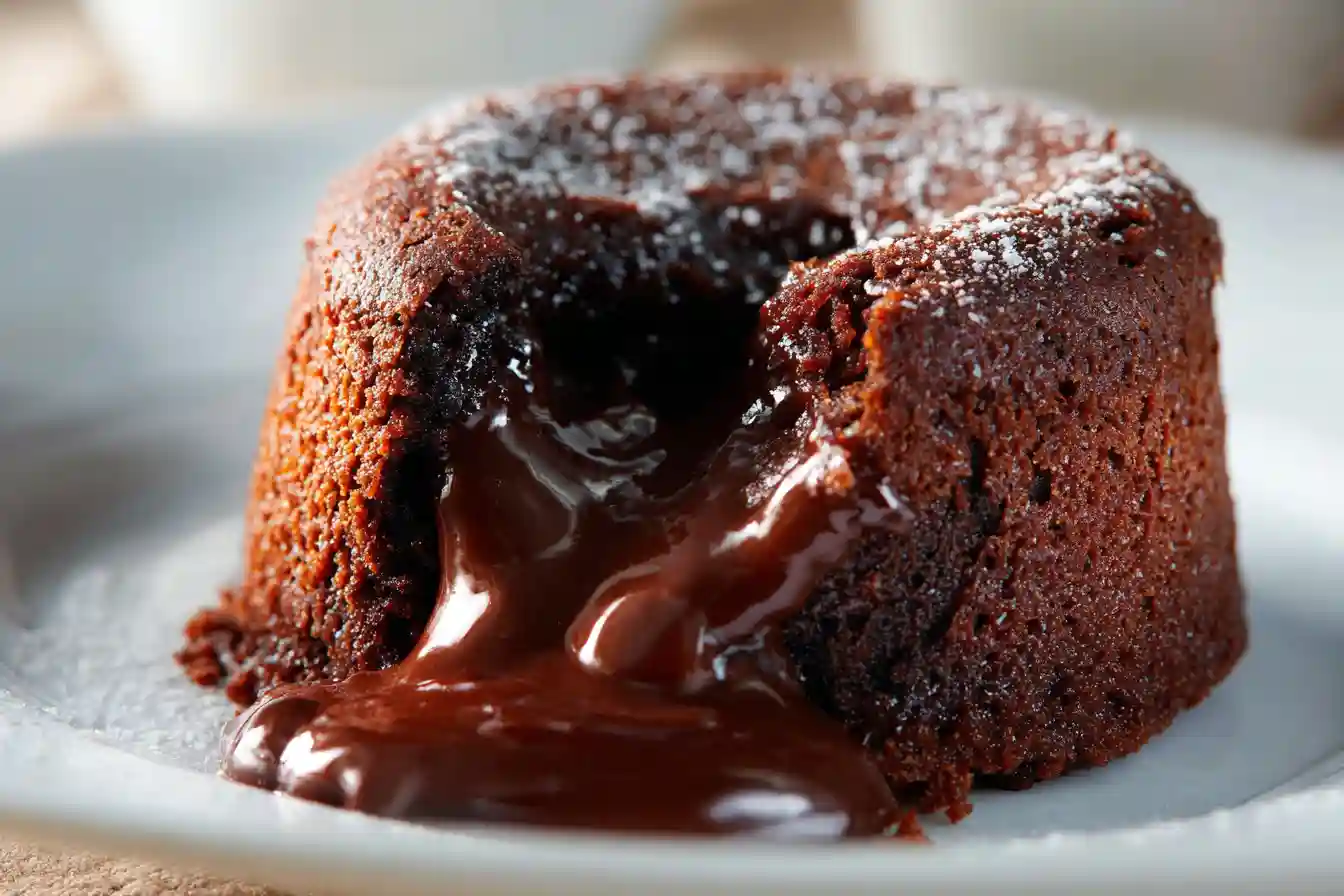 Cake au chocolat fondant au cœur coulant sur assiette blanche