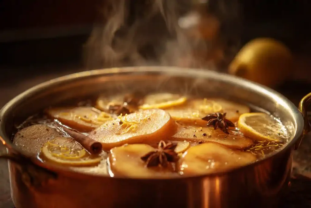 Coings tranchés en train de pocher dans un sirop avec cannelle et citron