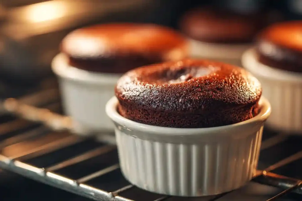 Cakes au chocolat fondant cuisant dans des ramequins