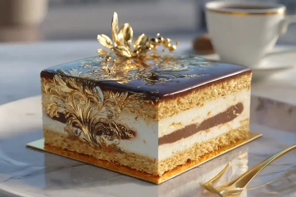 Décor doré sur le gâteau Opéra au glaçage miroir chocolat