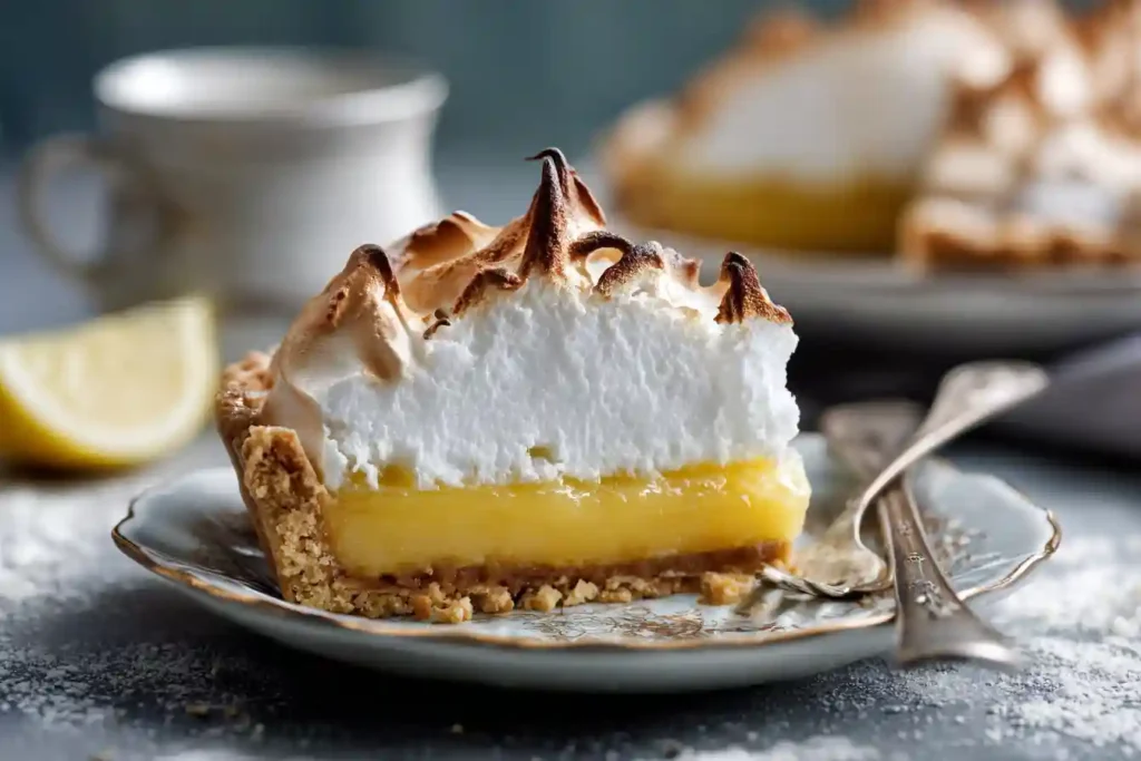 Part de tarte au citron meringuée montrant les couches nettes