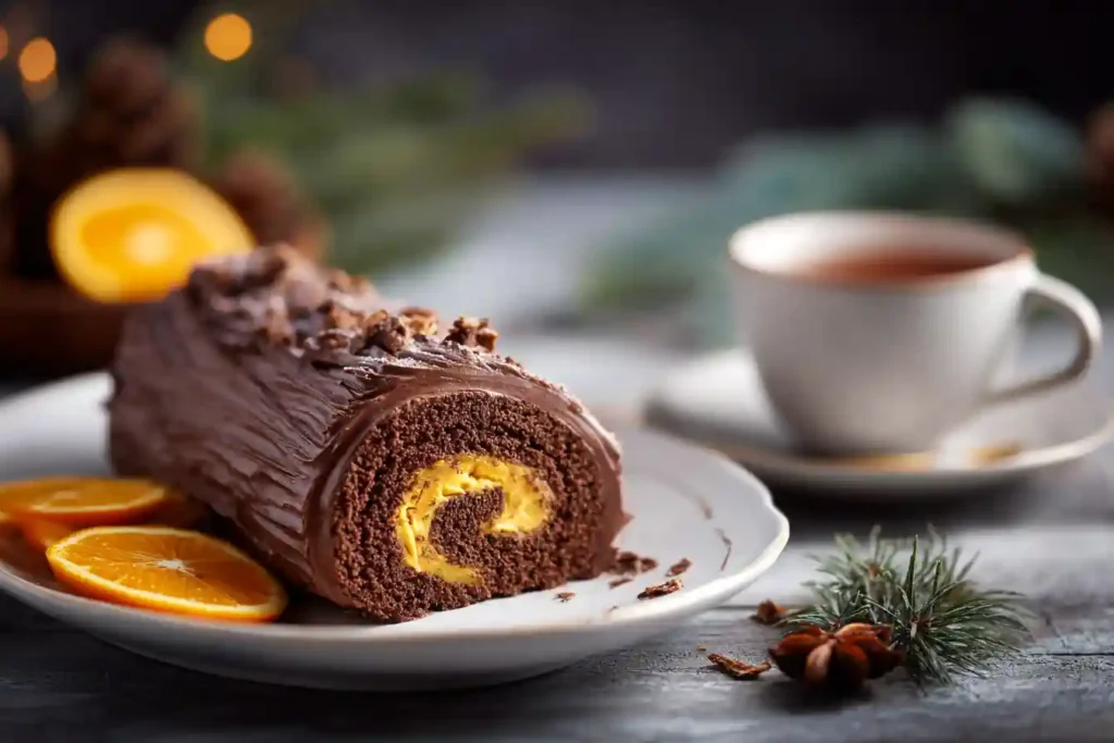 Part de bûche Chocolat-Orange servie avec une tasse de thé