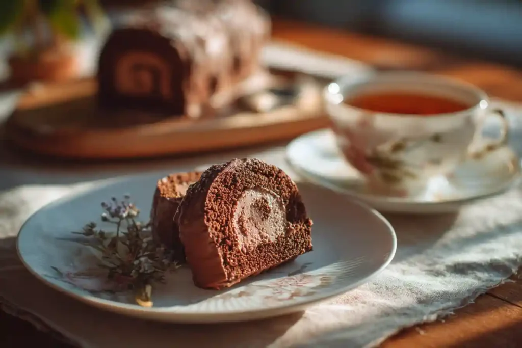 Tranche de bûche 3 chocolats servie avec du thé