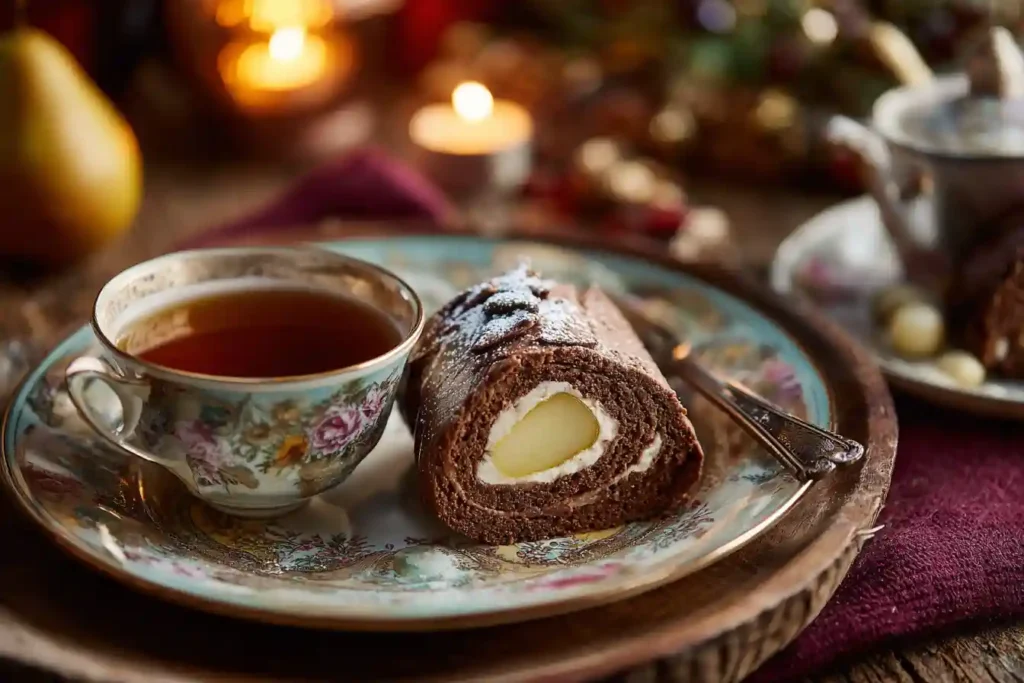 Part de bûche chocolat poire servie avec une tasse de thé