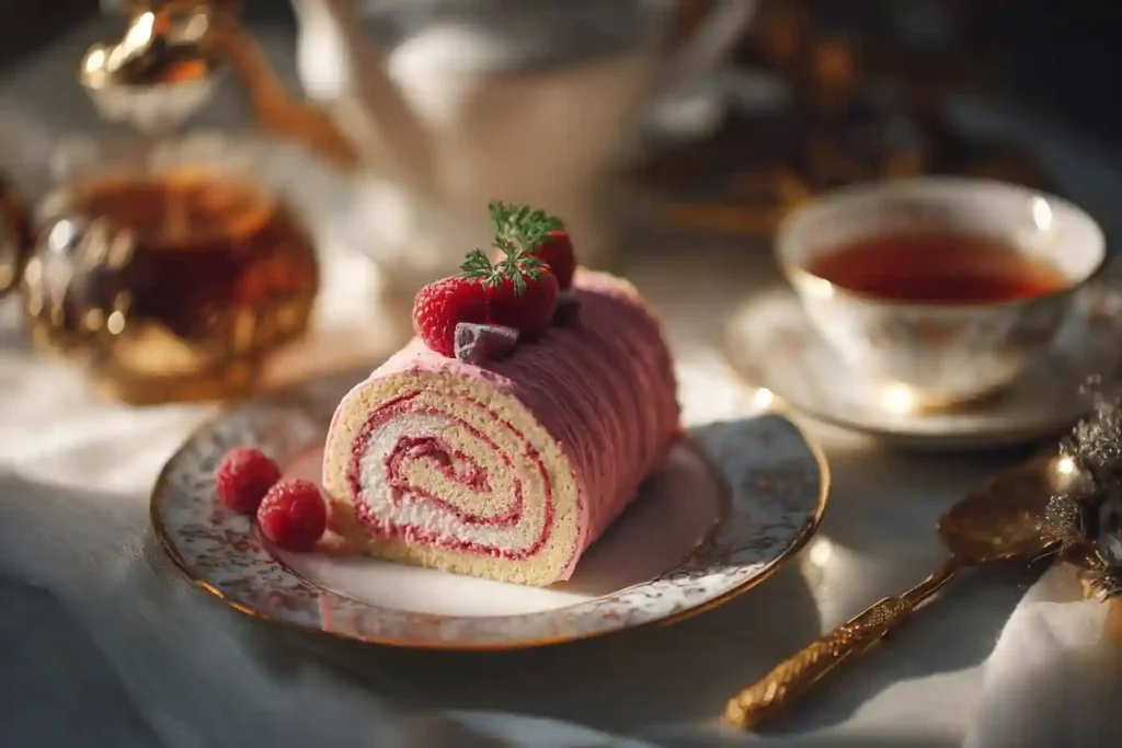 Tranche de bûche glacée framboise servie avec un thé