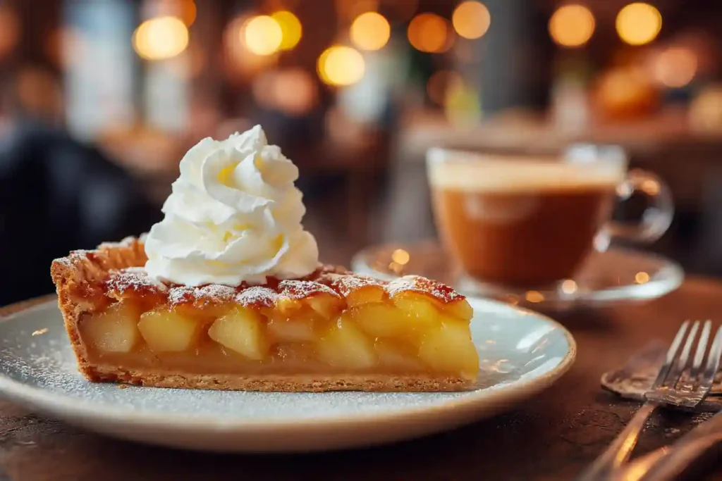 Part de tarte Bourdaloue servie avec crème fouettée