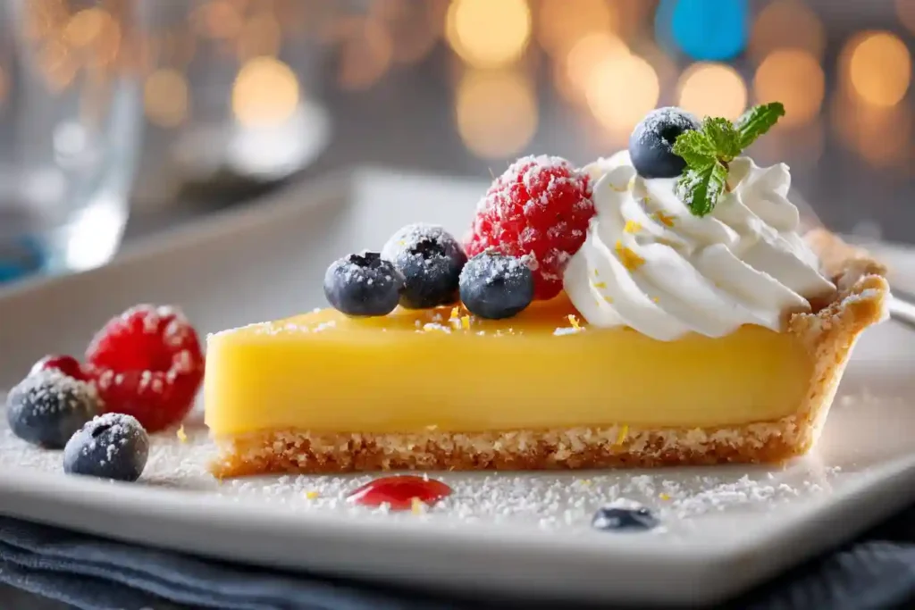 Part de tarte au citron servie avec chantilly et fruits rouges