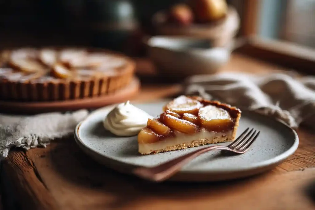 Part de tarte aux coings servie avec une cuillère de crème fraîche