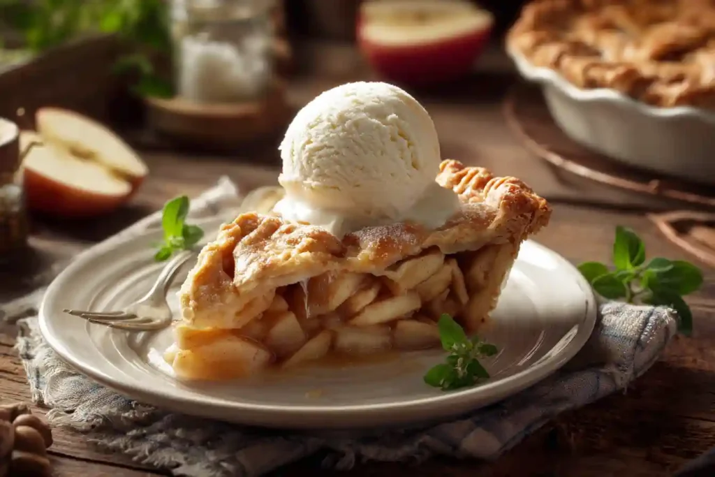 Part de tarte aux pommes servie avec une boule de glace à la vanille