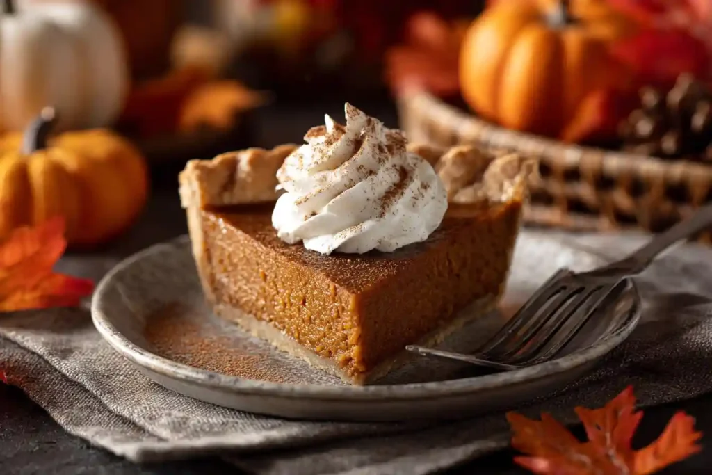 Part de tarte butternut servie avec crème fouettée et cannelle