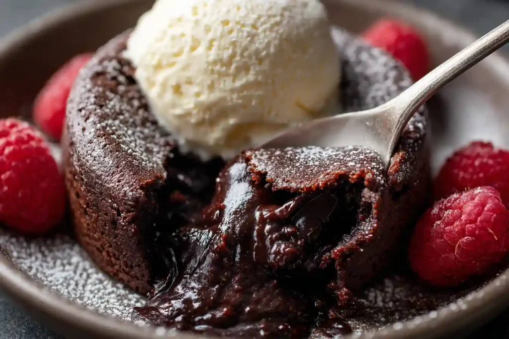 Cake au chocolat fondant servi avec glace vanille et framboises