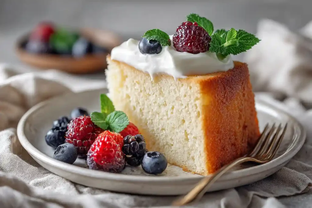 Tranche de gâteau au yaourt servie avec yaourt grec et fruits rouges