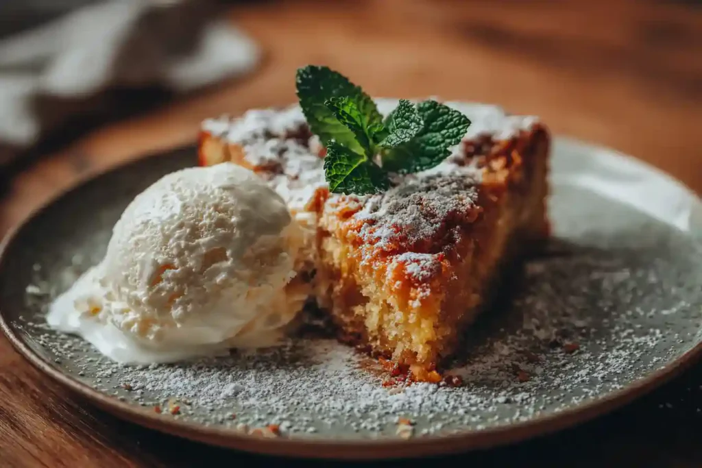 Part de gâteau aux prunes servie avec une boule de glace à la vanille
