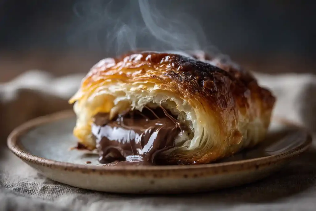 Pain au chocolat coupé en deux laissant couler le chocolat chaud