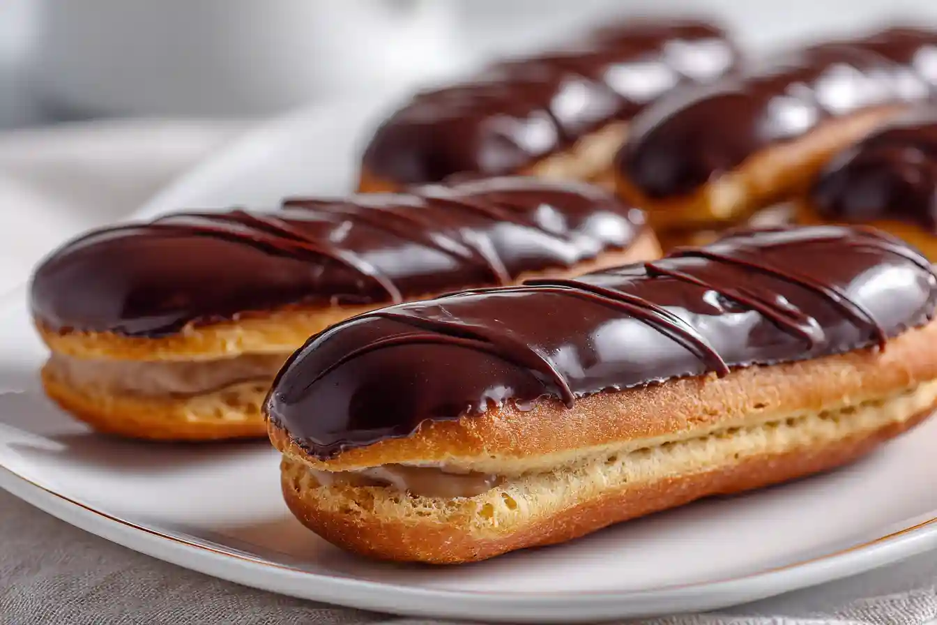 Éclairs au chocolat brillants sur assiette blanche