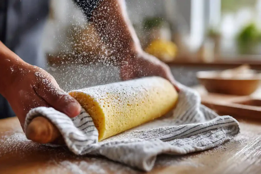 Roulage de la génoise pour la bûche