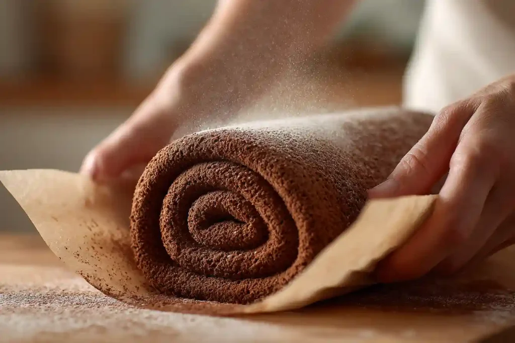 Roulage à chaud de la génoise cacao pour bûche de Noël, serré et sans fissures