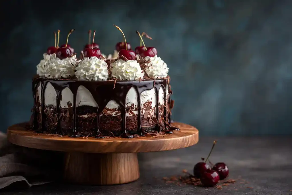 gâteau Forêt Noire décoré de cerises