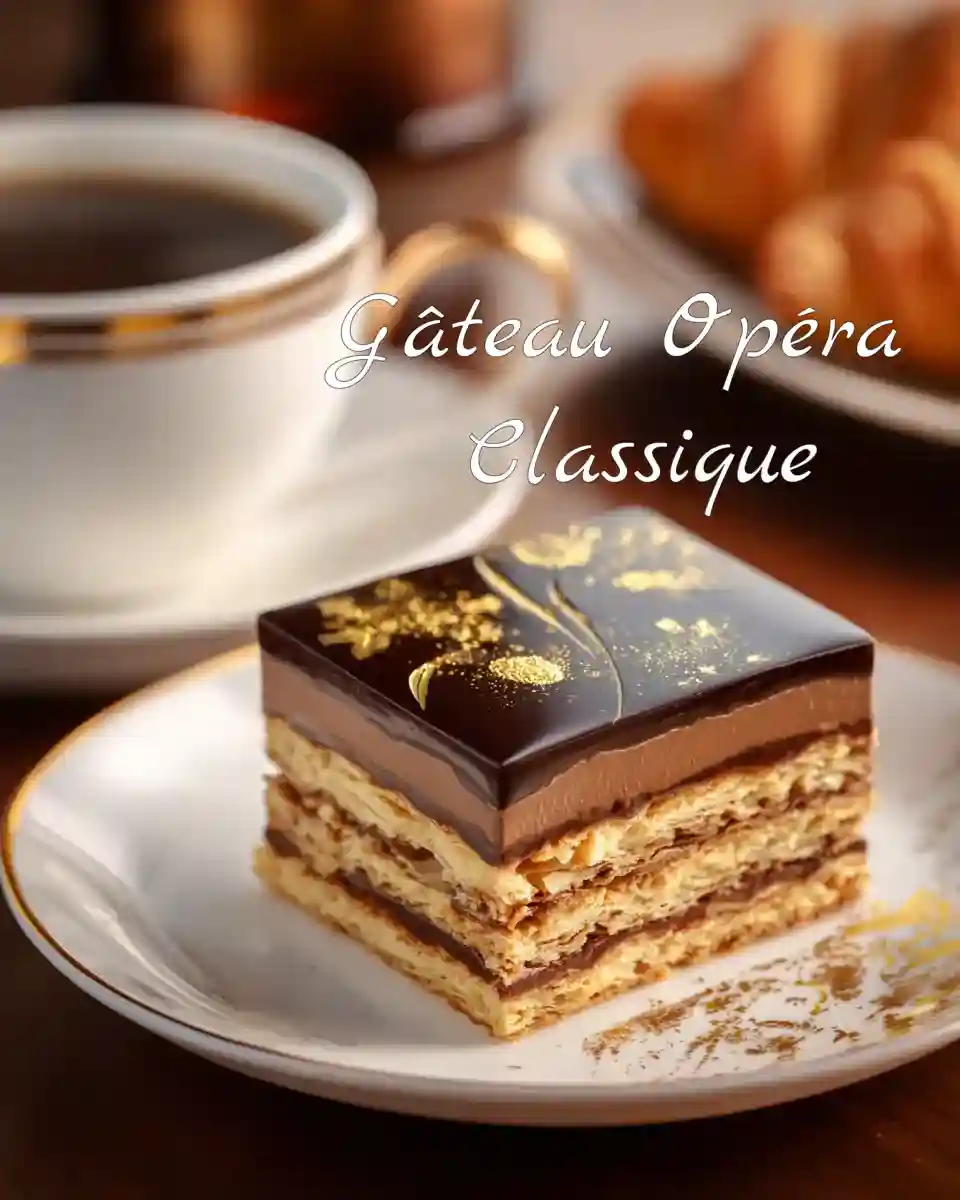 Gâteau Opéra classique au glaçage chocolat brillant sur assiette blanche élégante