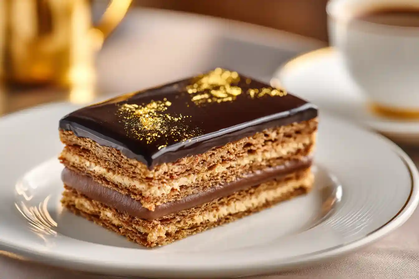 Gâteau Opéra classique au glaçage chocolat brillant sur assiette blanche élégante