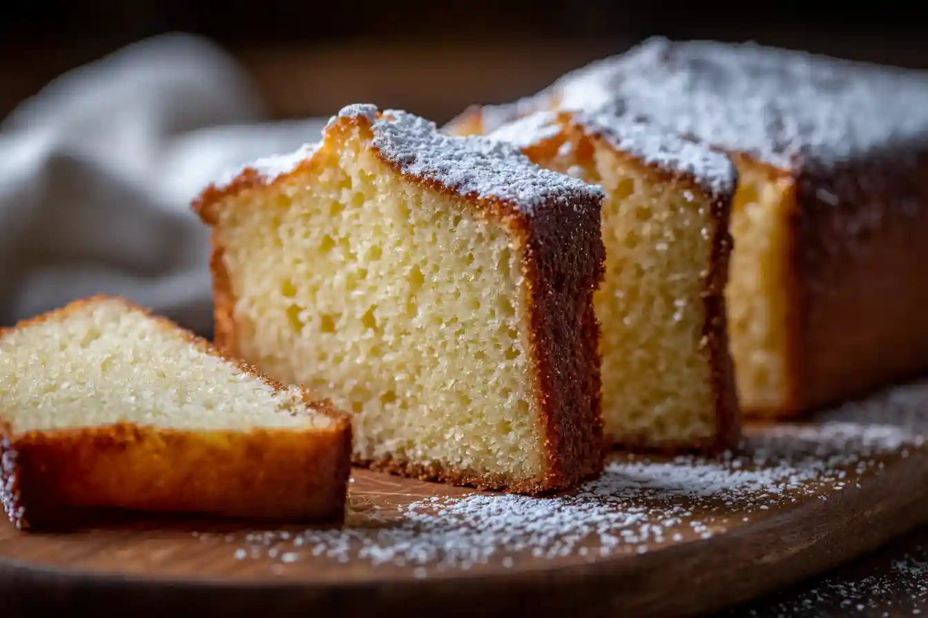 Gâteau au yaourt moelleux sur planche en bois saupoudré de sucre glace