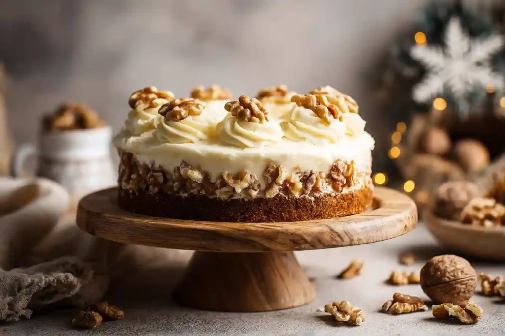 gâteau aux noix entier décoré de cerneaux et glaçage vanille