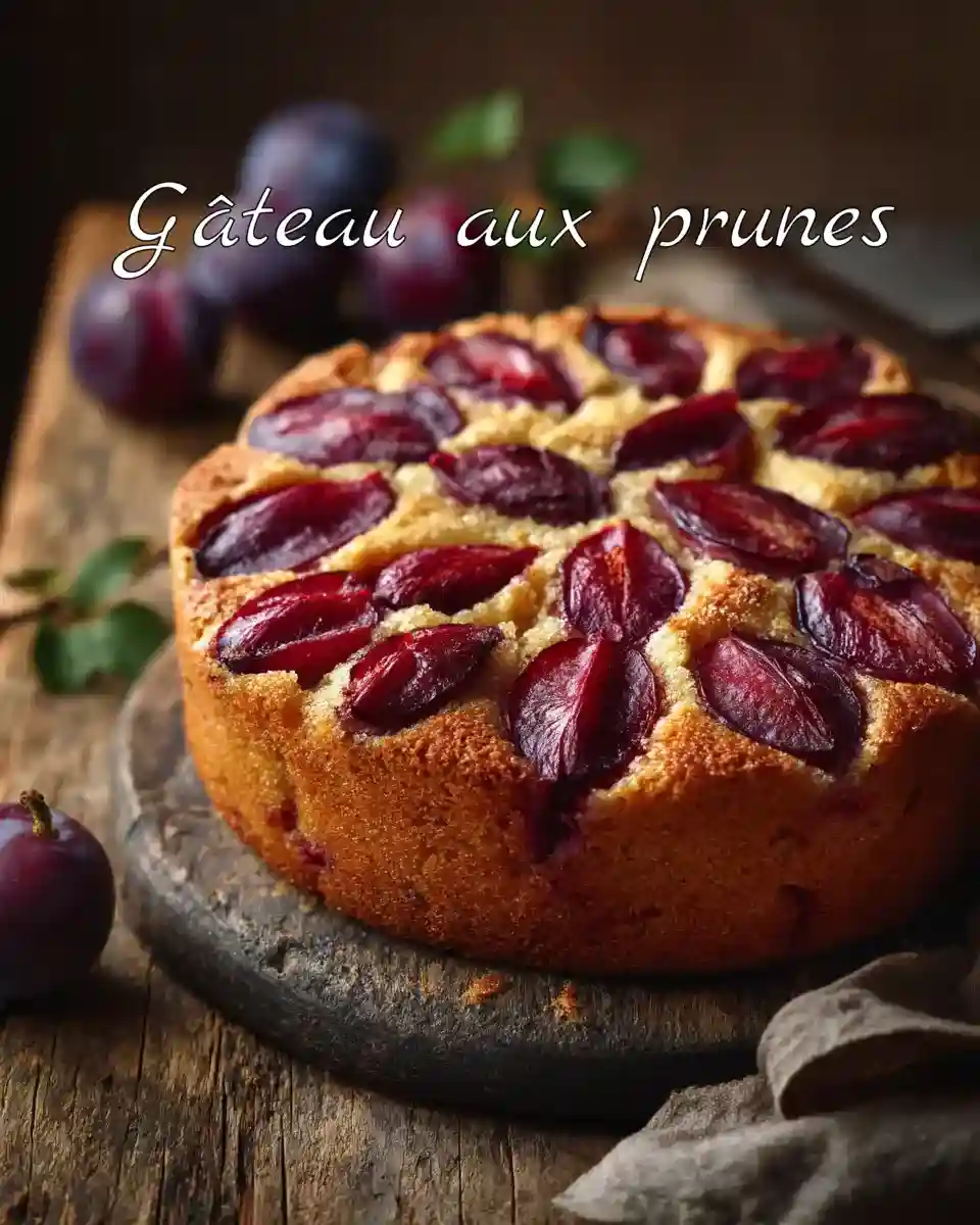 Gâteau aux prunes doré sur une table rustique, garni de prunes fraîches