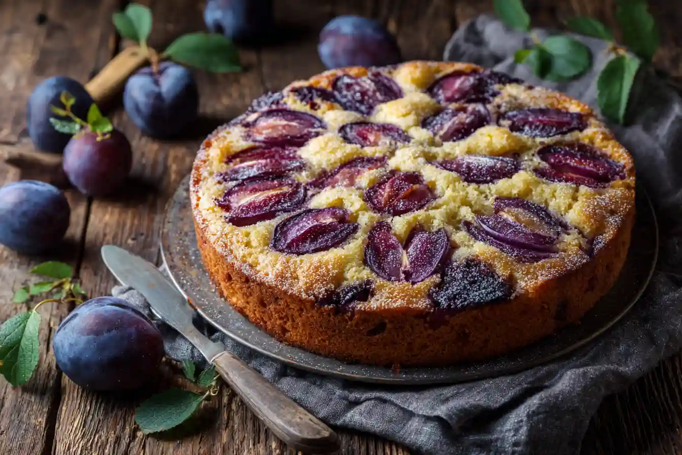 Gâteau aux prunes doré sur une table rustique, garni de prunes fraîches