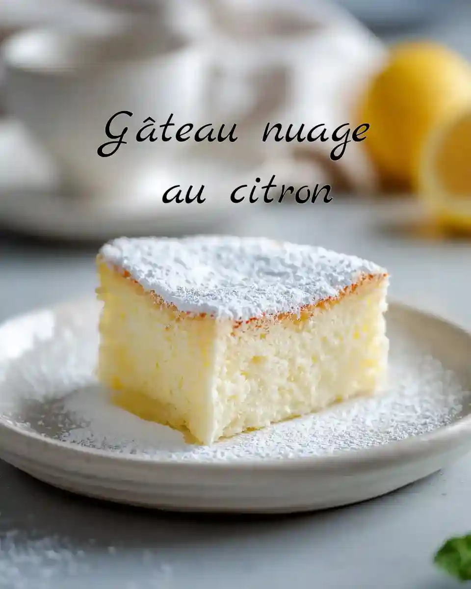 Gâteau nuage au citron saupoudré de sucre glace sur assiette blanche