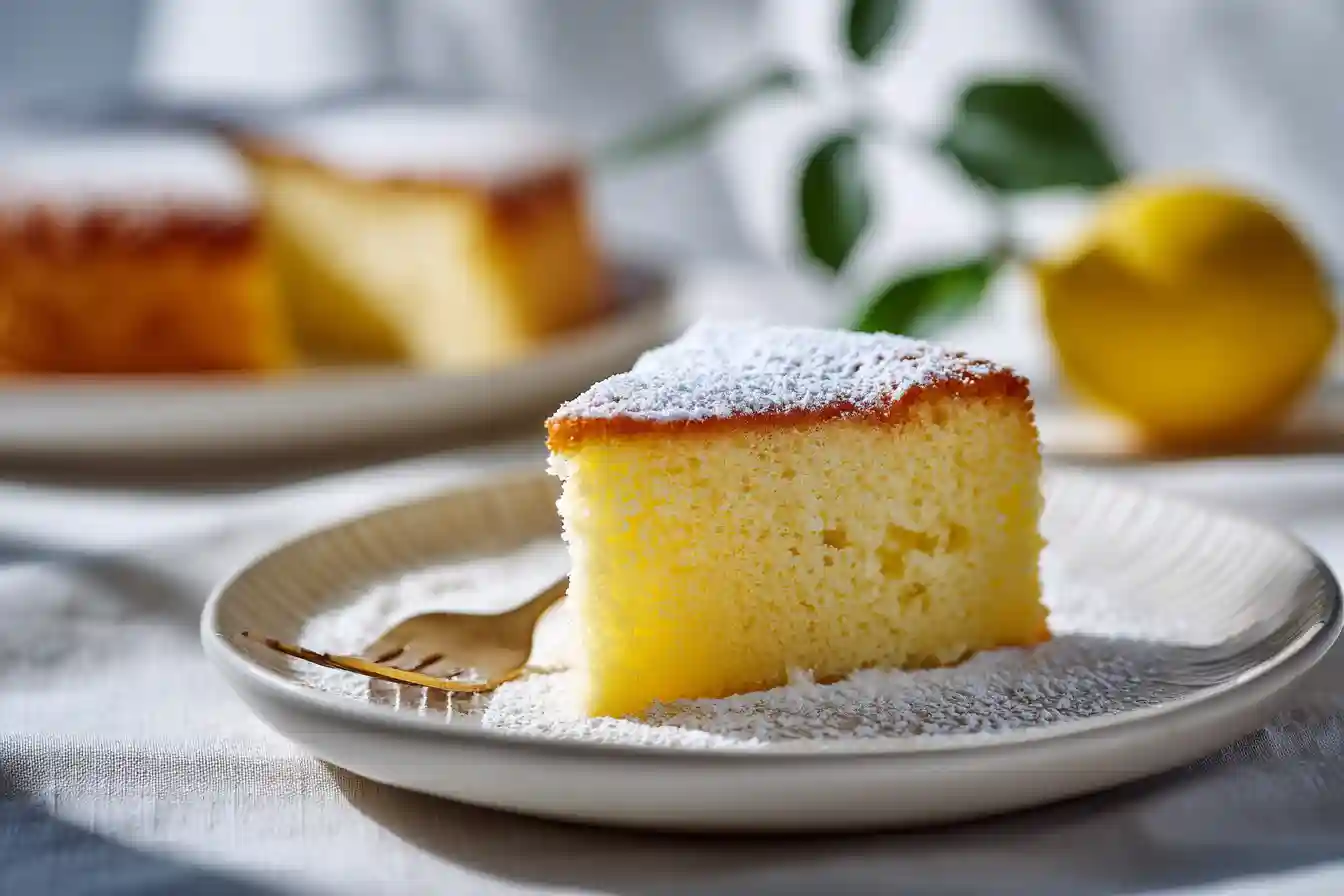 Gâteau nuage au citron saupoudré de sucre glace sur assiette blanche