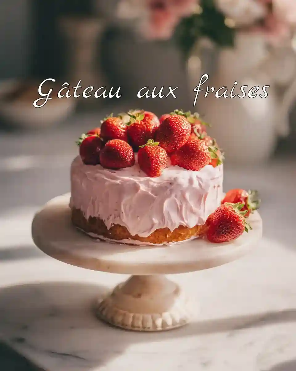 Gâteau aux fraises maison sur un présentoir en marbre, décoré de fraises fraîches et de glaçage rose