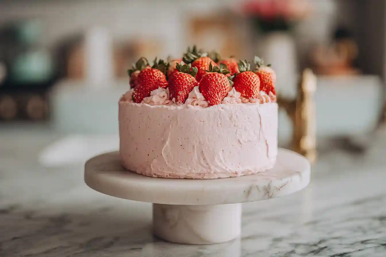 Gâteau aux fraises maison sur un présentoir en marbre, décoré de fraises fraîches et de glaçage rose