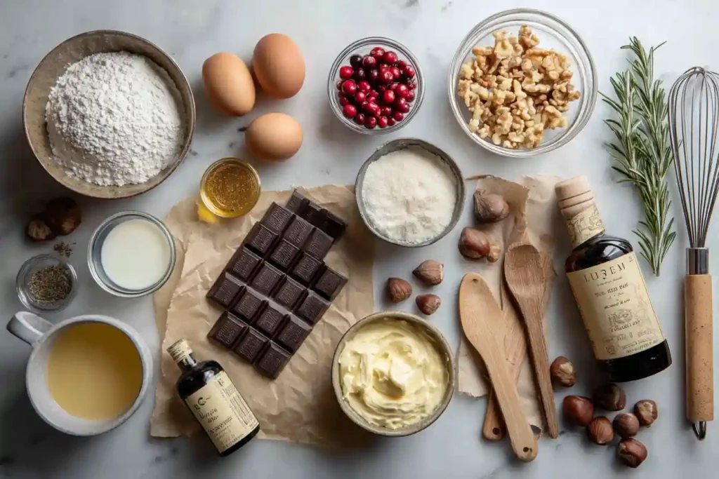 Ingrédients pour bûche de Noël : génoise cacao, ganache, crème fouettée noisette