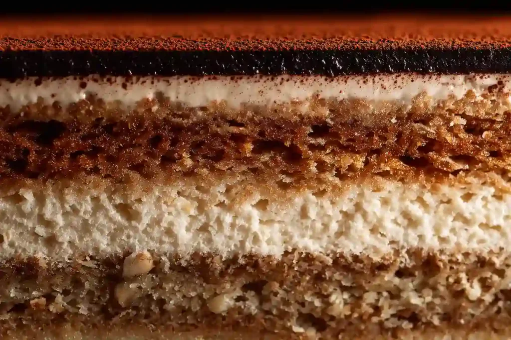 Coupe du gâteau Opéra montrant les couches d’amande, café et chocolat